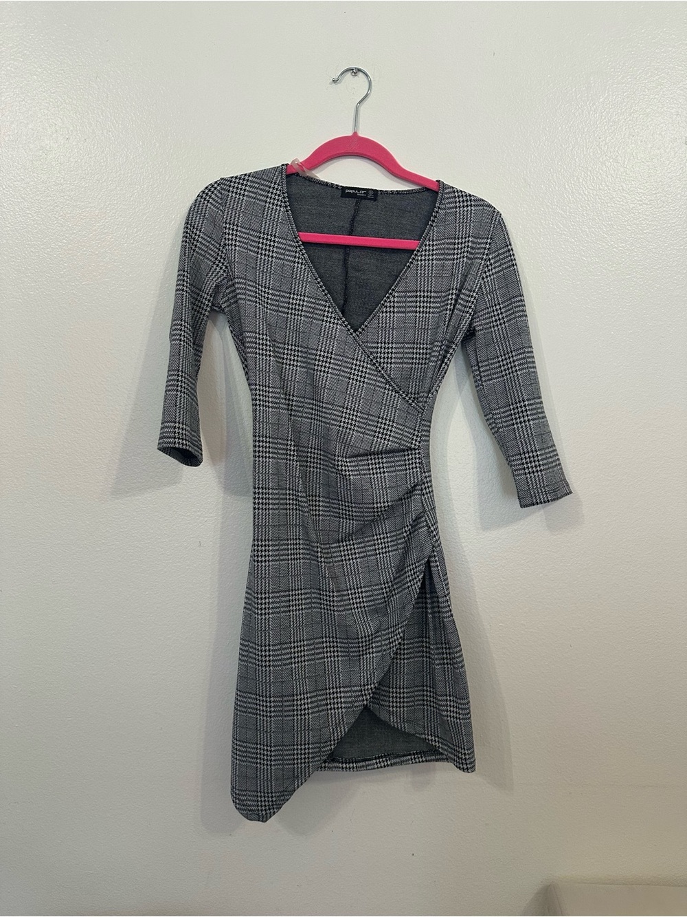 Popular Basics Gray Plaid Wrap-Front Mini Dress